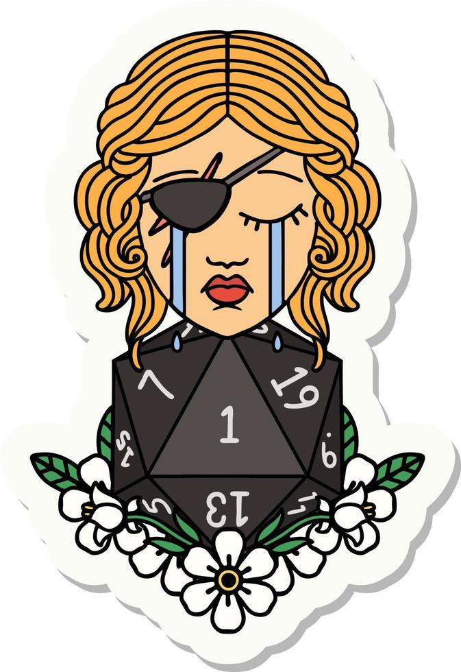 sticker of a crying human rogue with natural one d20 roll vector