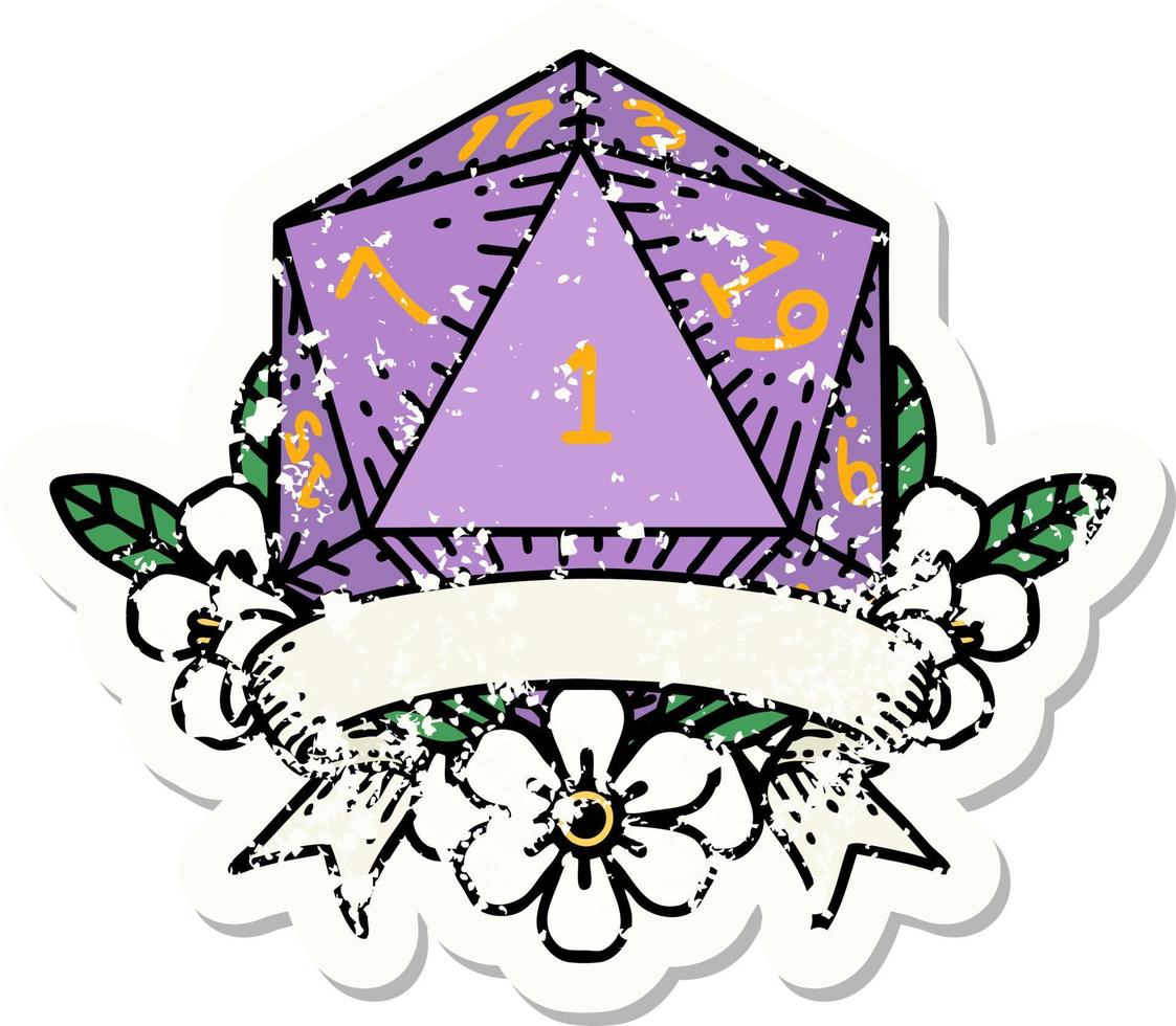 grunge sticker of a natural one d20 dice roll vector