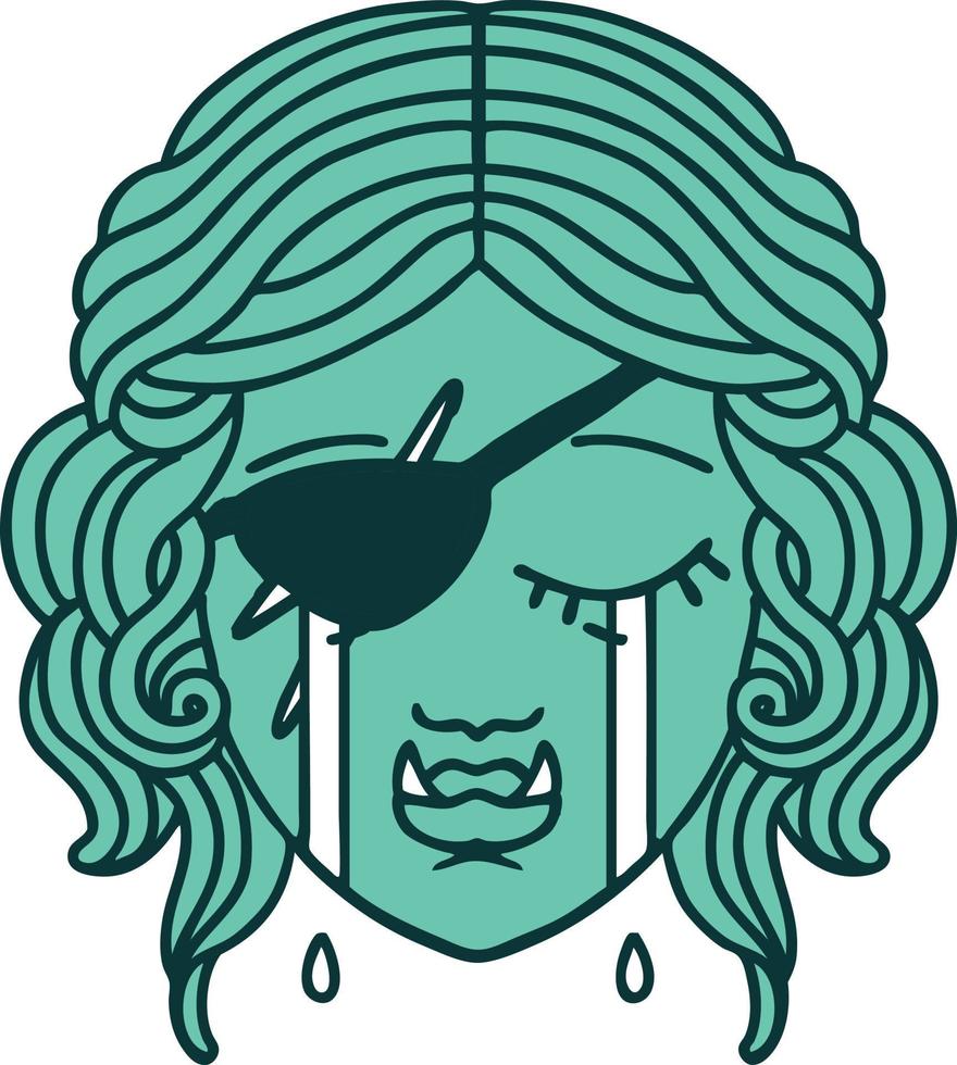 Retro Tattoo Style crying half orc rogue character face vector