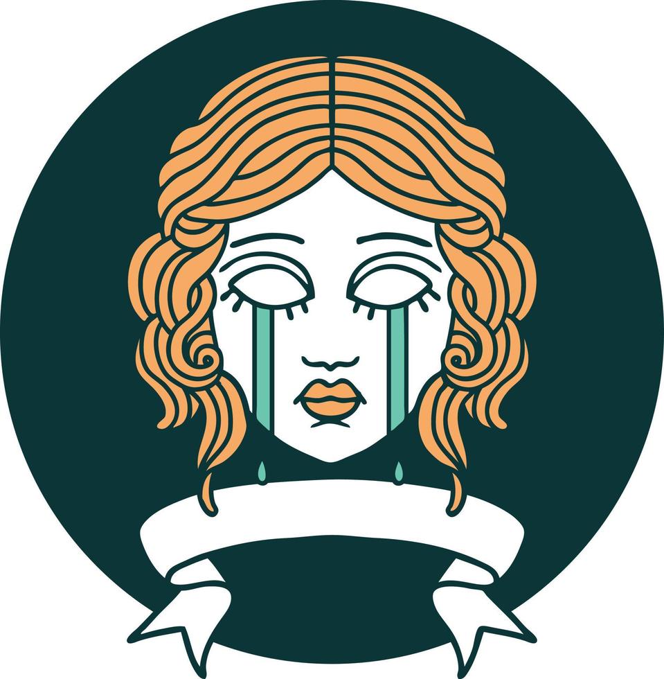 icono de estilo tatuaje con pancarta de rostro femenino llorando vector