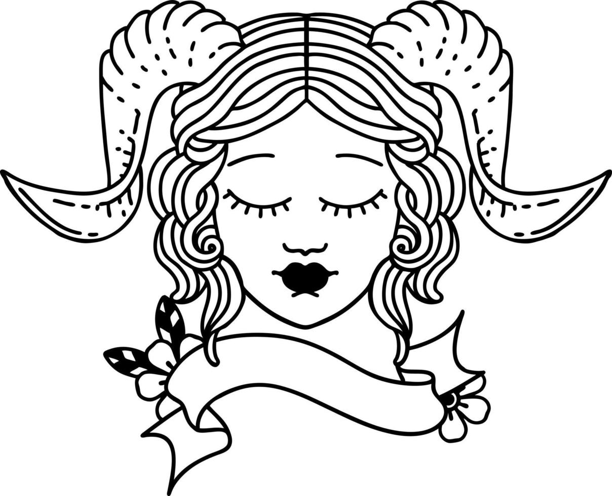 cara de personaje de tiefling de estilo de línea de tatuaje en blanco y negro vector