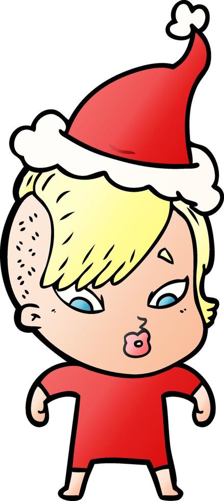 gradient cartoon of a surprised girl wearing santa hat vector