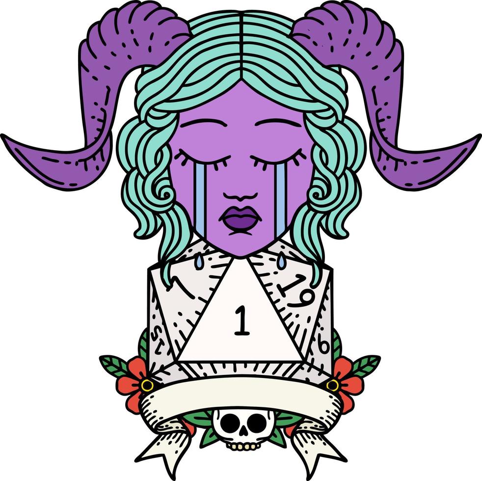 Retro Tattoo Style crying tiefling face with natural 1 D20 Dice vector