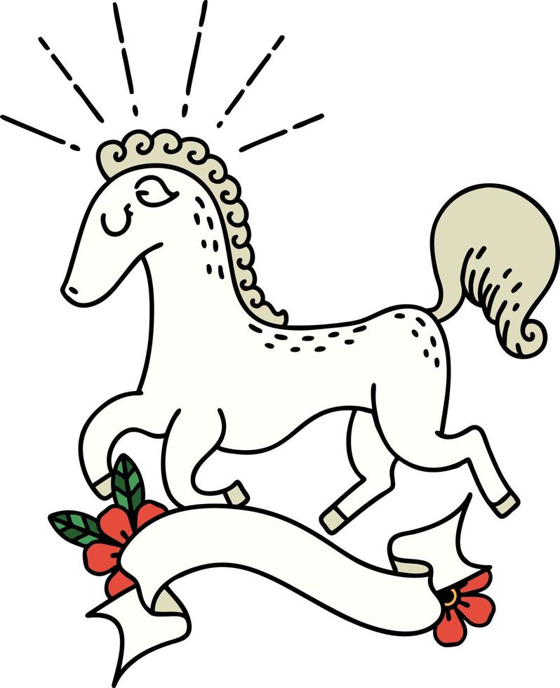 scroll banner with tattoo style prancing stallion vector