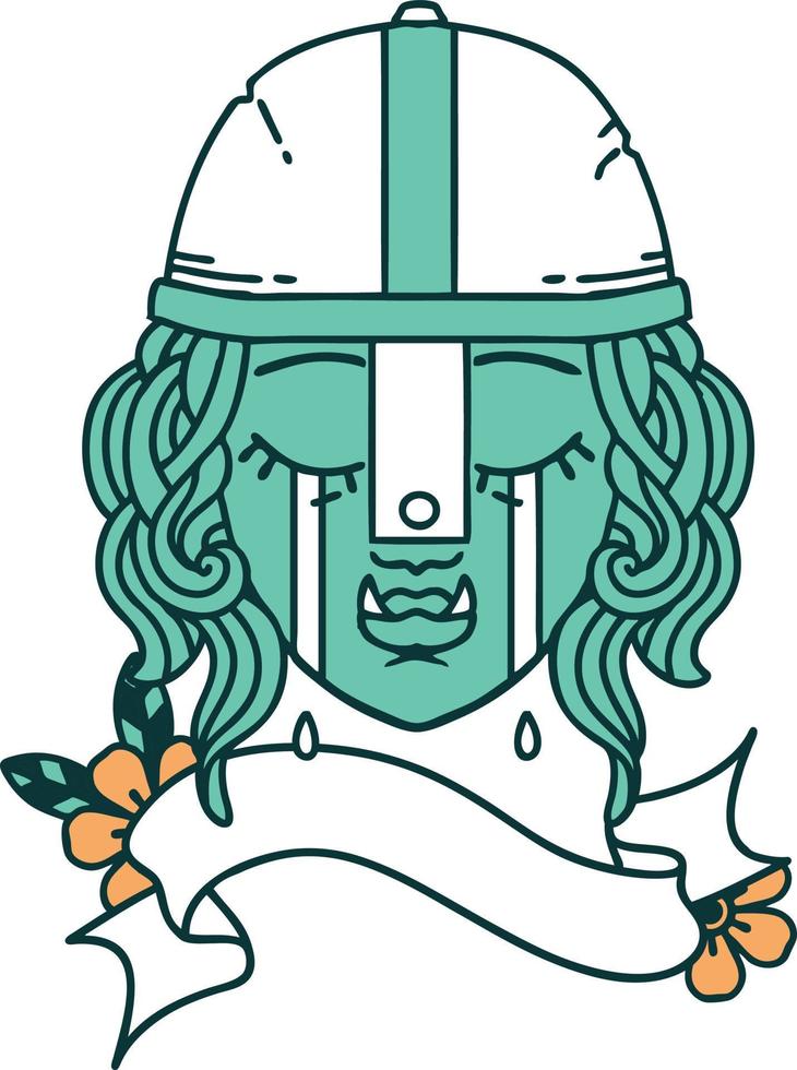 Retro Tattoo Style crying orc fighter character face vector