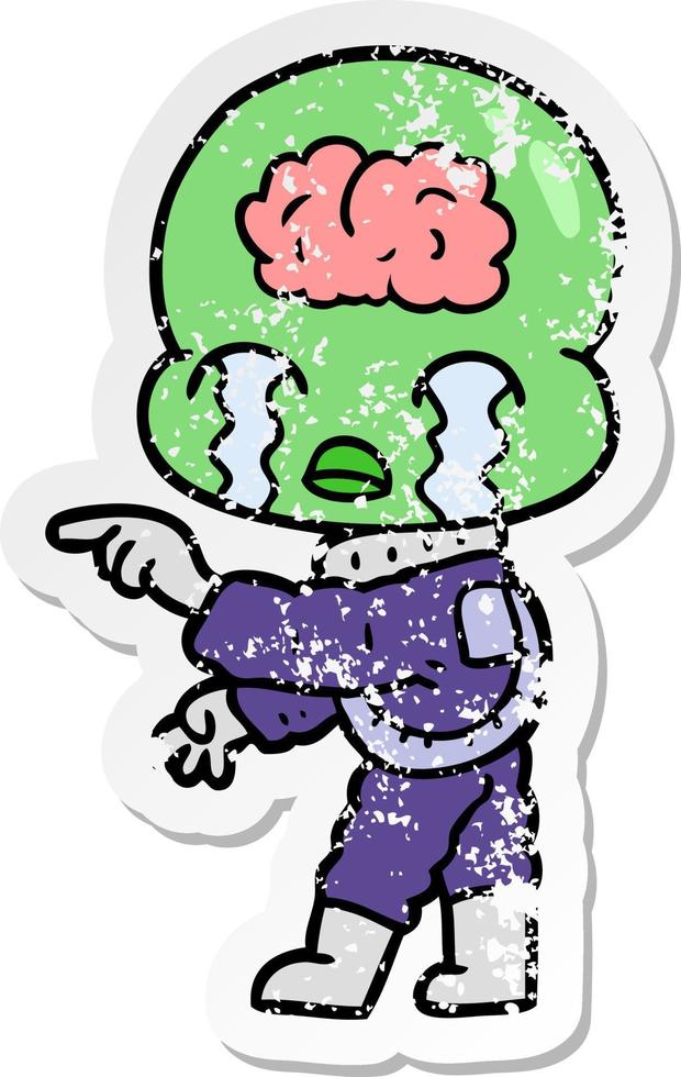 distressed sticker of a cartoon big brain alien crying and pointing vector