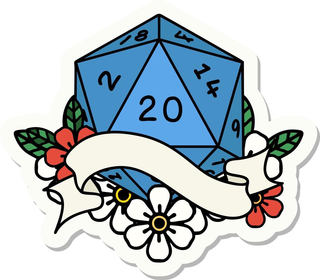 sticker of a natural twenty D20 dice roll vector