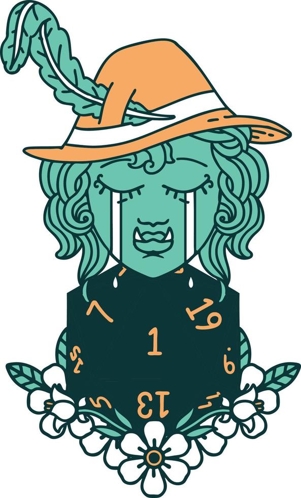 Retro Tattoo Style sad half orc bard character with natural one d20 roll vector
