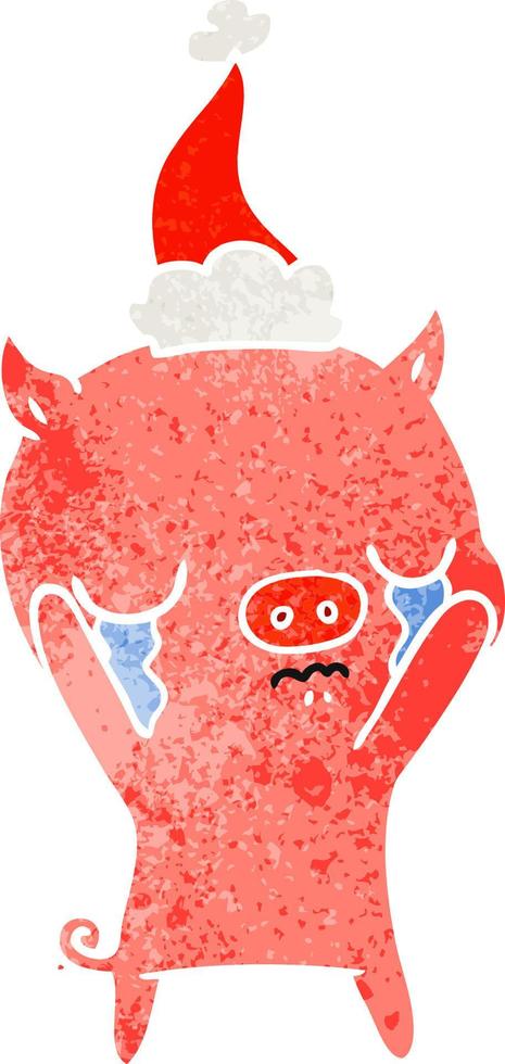 retro cartoon of a pig crying wearing santa hat vector