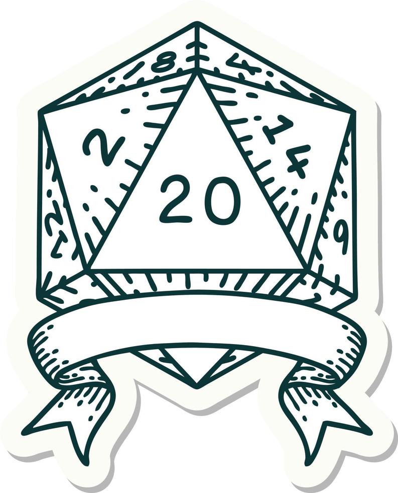 sticker of a natural 20 critical hit D20 dice roll vector