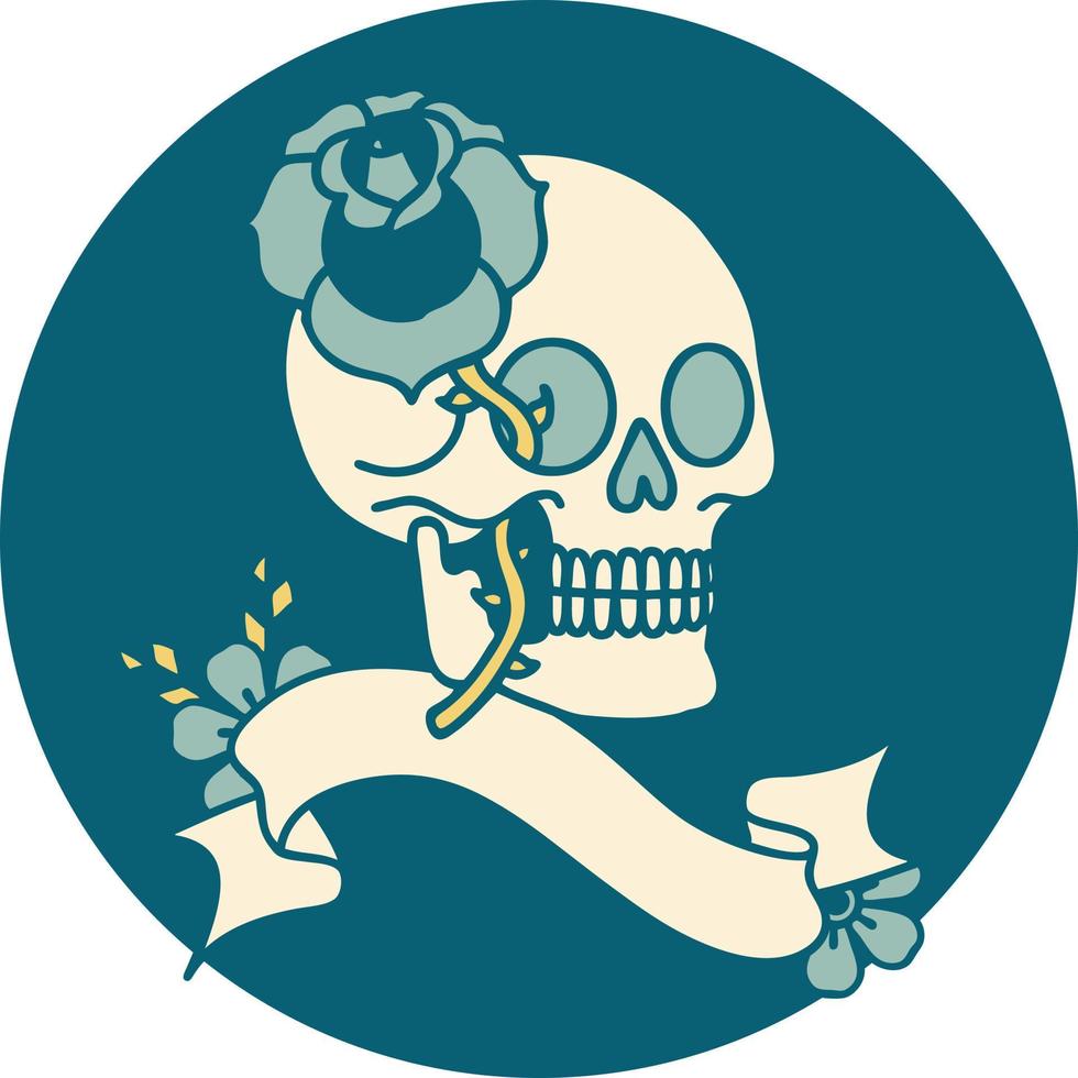 tattoo style icon with banner of a skull and rose vector