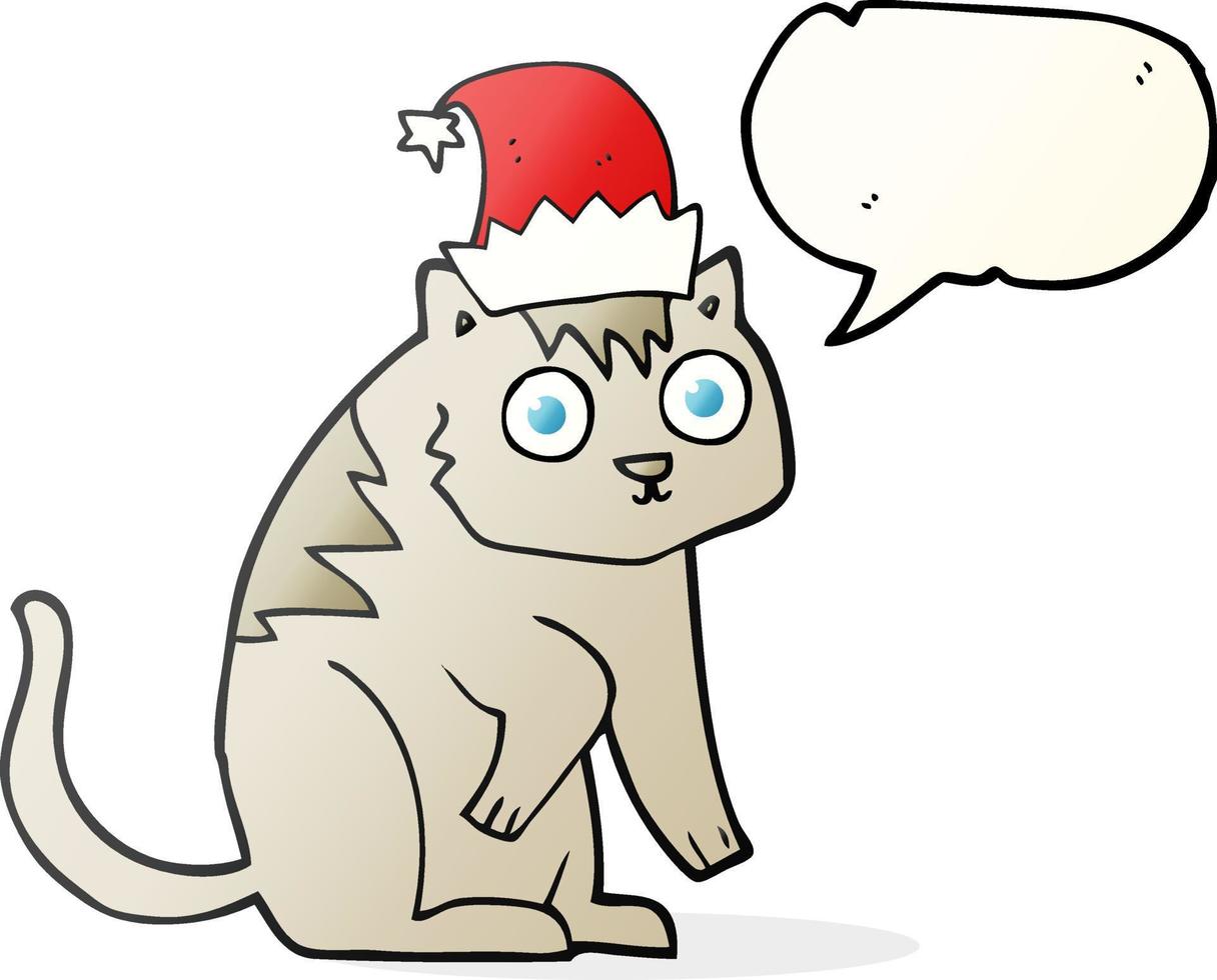 Gato de dibujos animados de burbujas de voz dibujada a mano alzada con sombrero de navidad vector