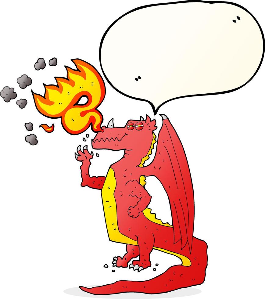 freehand drawn speech bubble cartoon happy dragon breathing fire vector