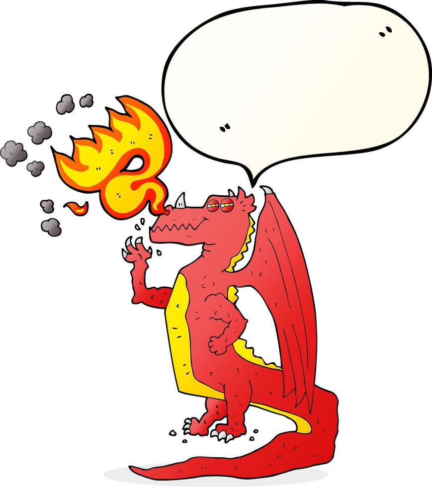 Discurso de burbuja dibujada a mano alzada cartoon dragón feliz respirando fuego vector