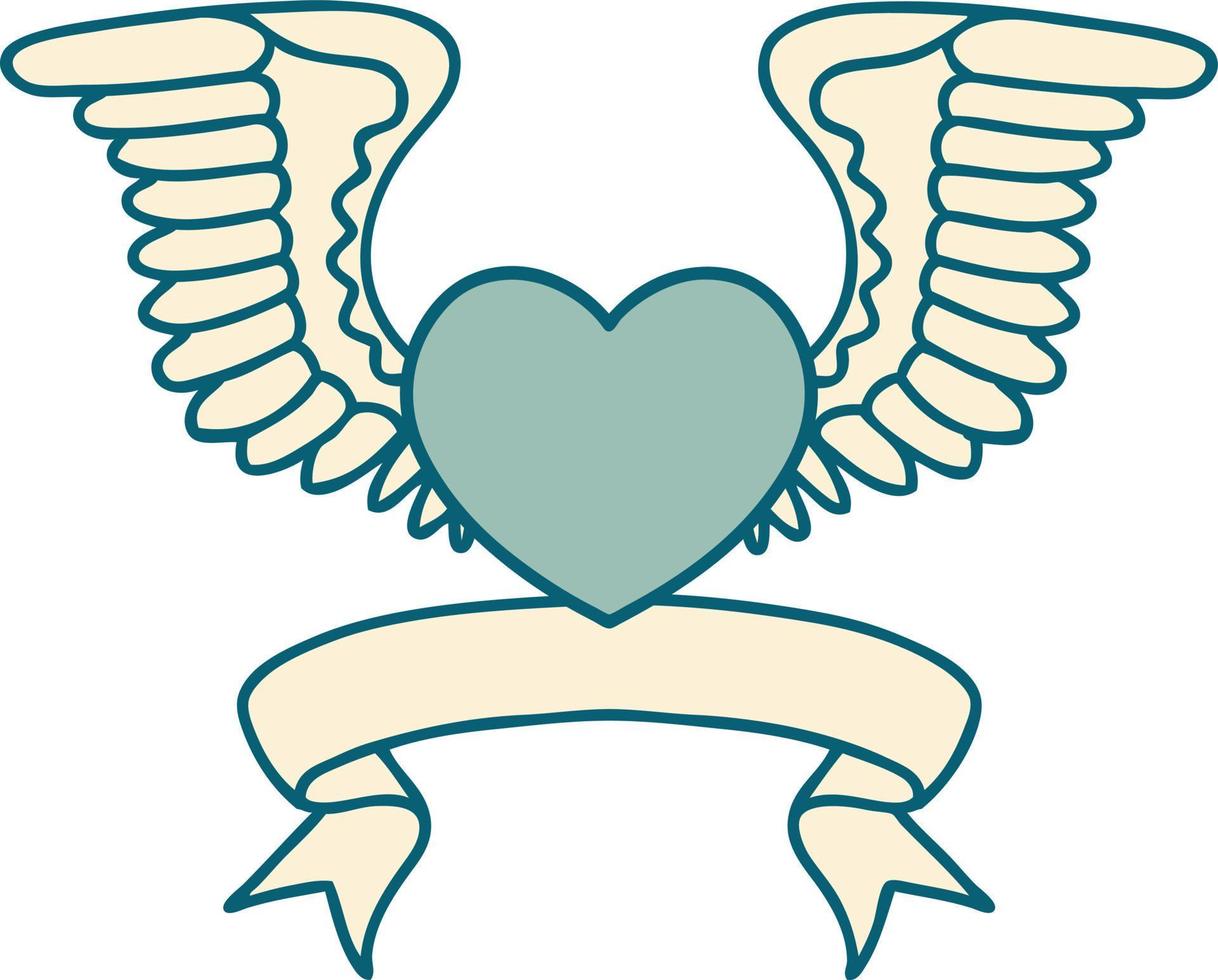 traditional tattoo with banner of a heart with wings vector
