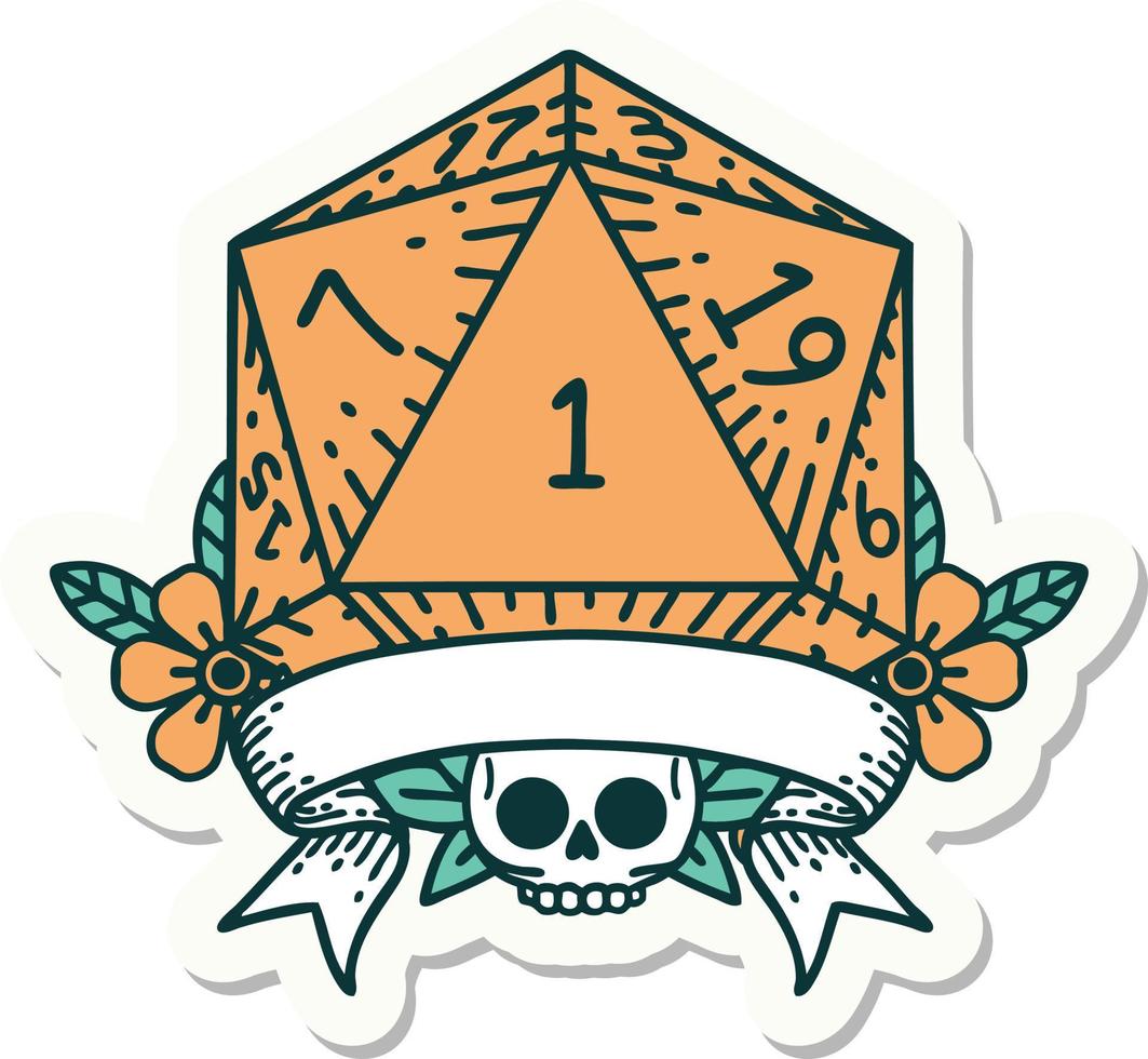 sticker of a natural one d20 dice roll vector