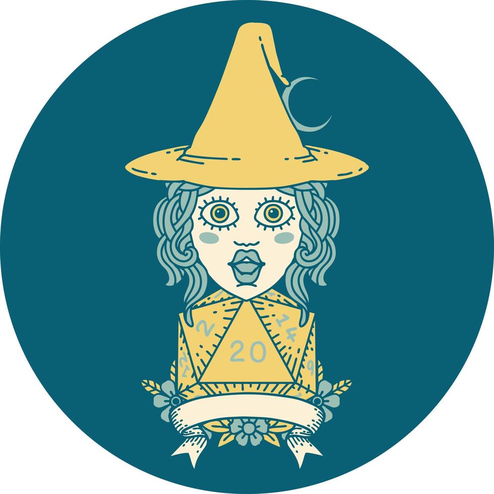 Retro Tattoo Style human witch with natural twenty dice roll vector