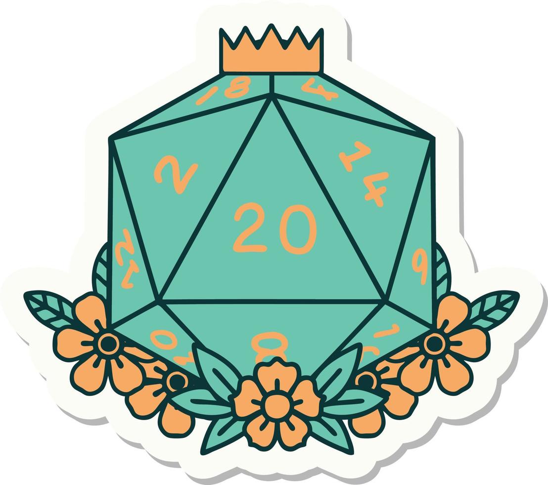 sticker of a natural 20 D20 dice roll with floral elements vector