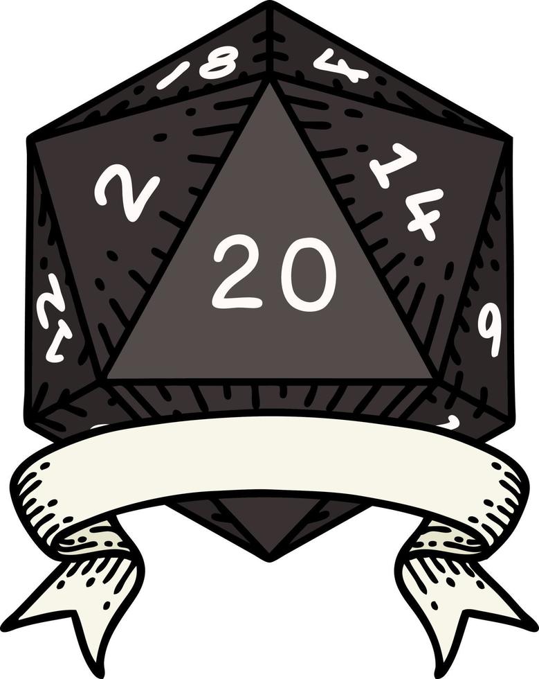 Retro Tattoo Style natural 20 critical hit D20 dice roll vector