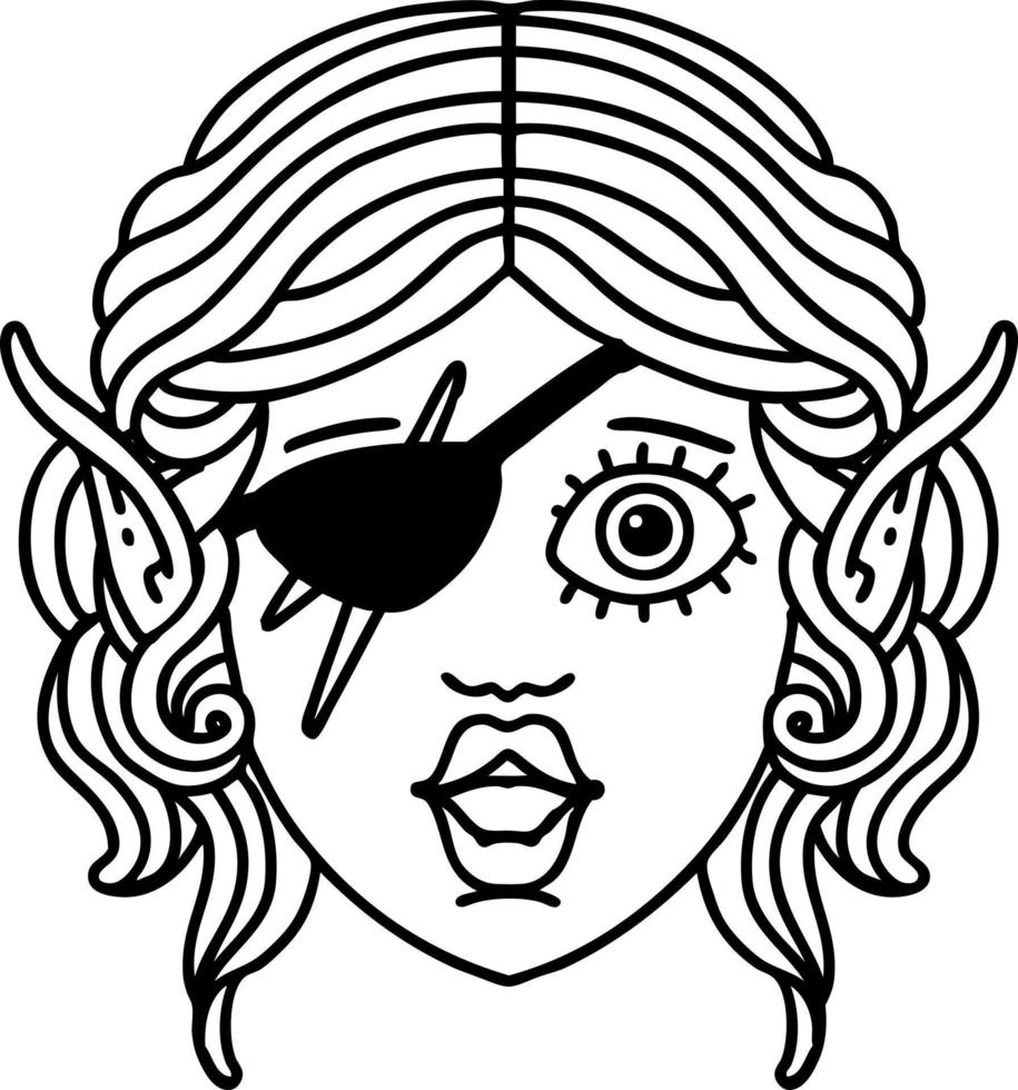 Black and White Tattoo linework Style elf rogue character face vector