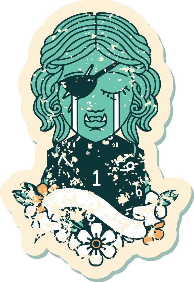 Retro Tattoo Style crying orc rogue character face with natural one d20 dice roll vector