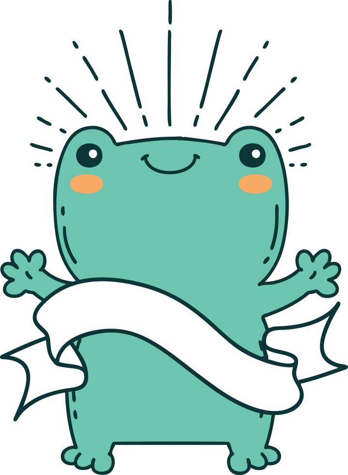scroll banner with tattoo style happy frog vector