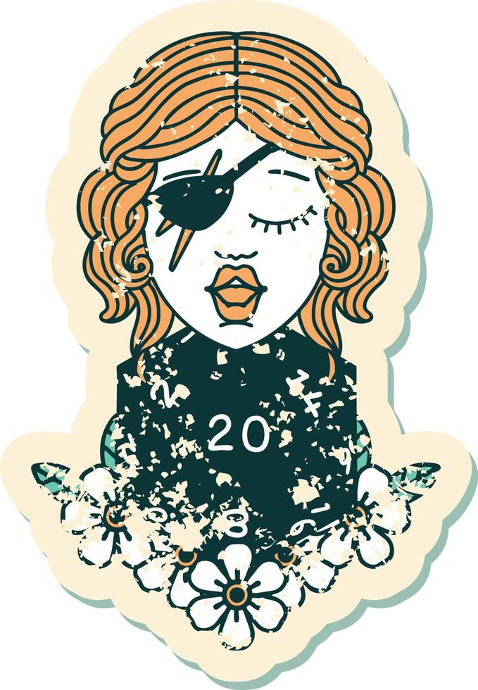 grunge sticker of a human rogue with natural twenty dice roll vector