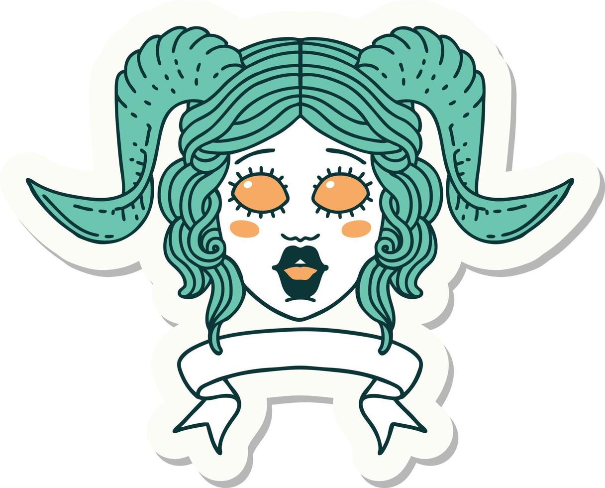 sticker of a tiefling character face with scroll banner vector