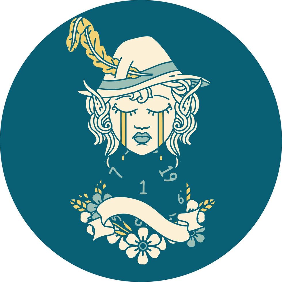 Retro Tattoo Style crying elf bard character face with natural one vector