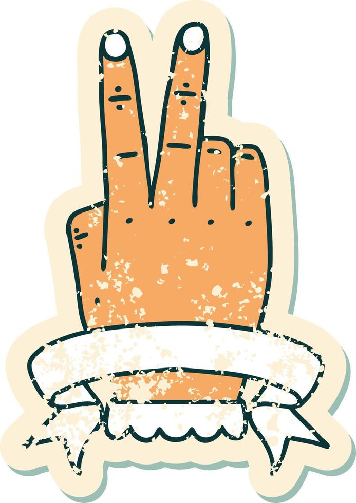 grunge sticker of a victory v hand gesture with banner vector