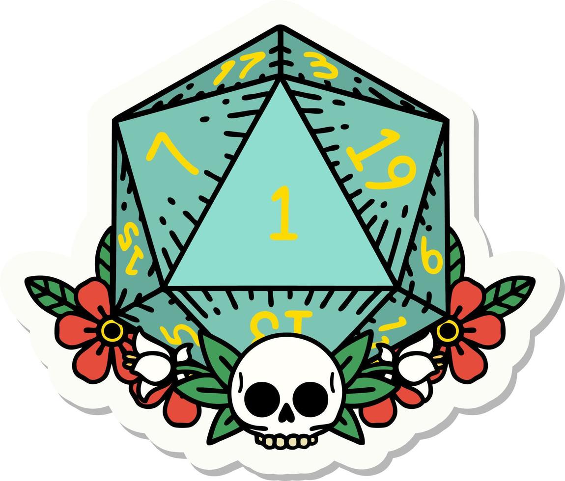 sticker of a natural one dice roll with floral elements vector