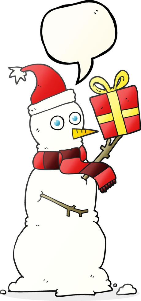 freehand drawn speech bubble cartoon snowman holding present vector