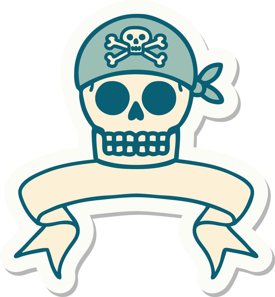 tattoo style sticker with banner of a pirate skull vector