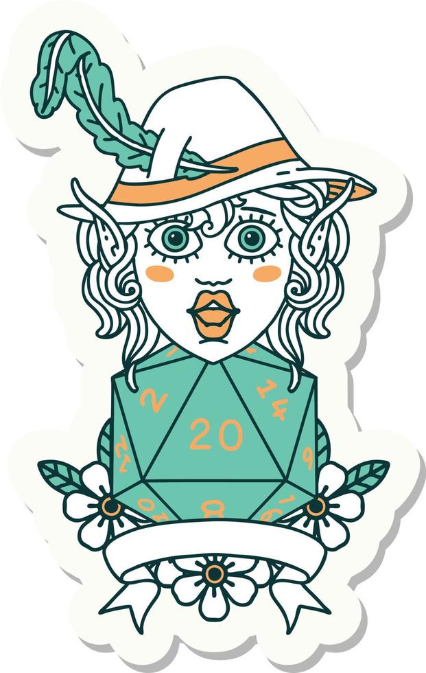 sticker of a elf bard with natural twenty dice roll vector