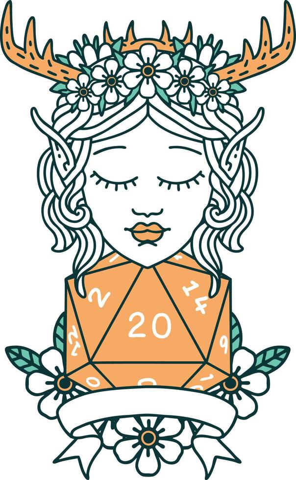 Retro Tattoo Style elf druid character with natural 20 dice roll vector