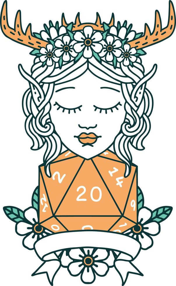 personaje de druida elfo estilo tatuaje retro con tirada natural de 20 dados vector