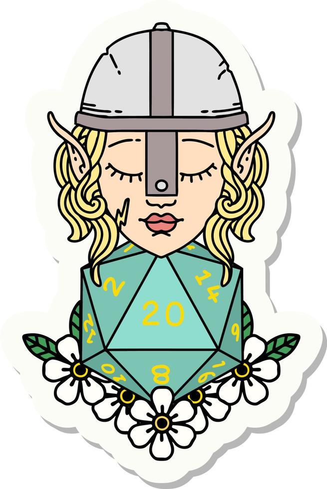 sticker of a elf fighter with natural twenty dice roll vector