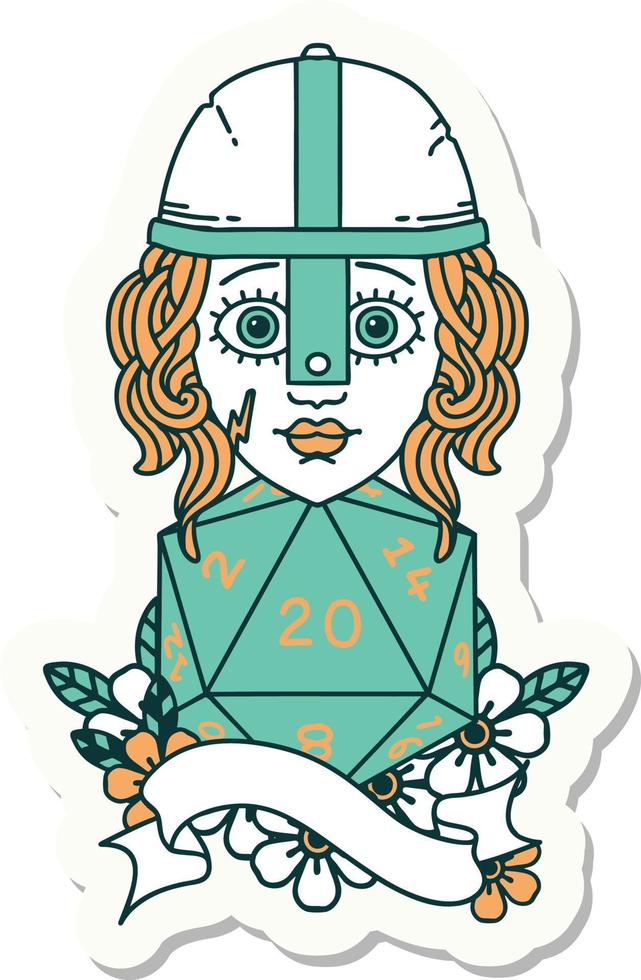sticker of a human fighter with natural twenty dice roll vector