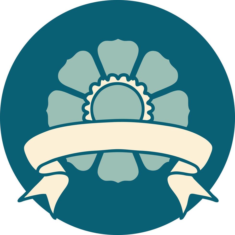 tattoo style icon with banner of a flower vector