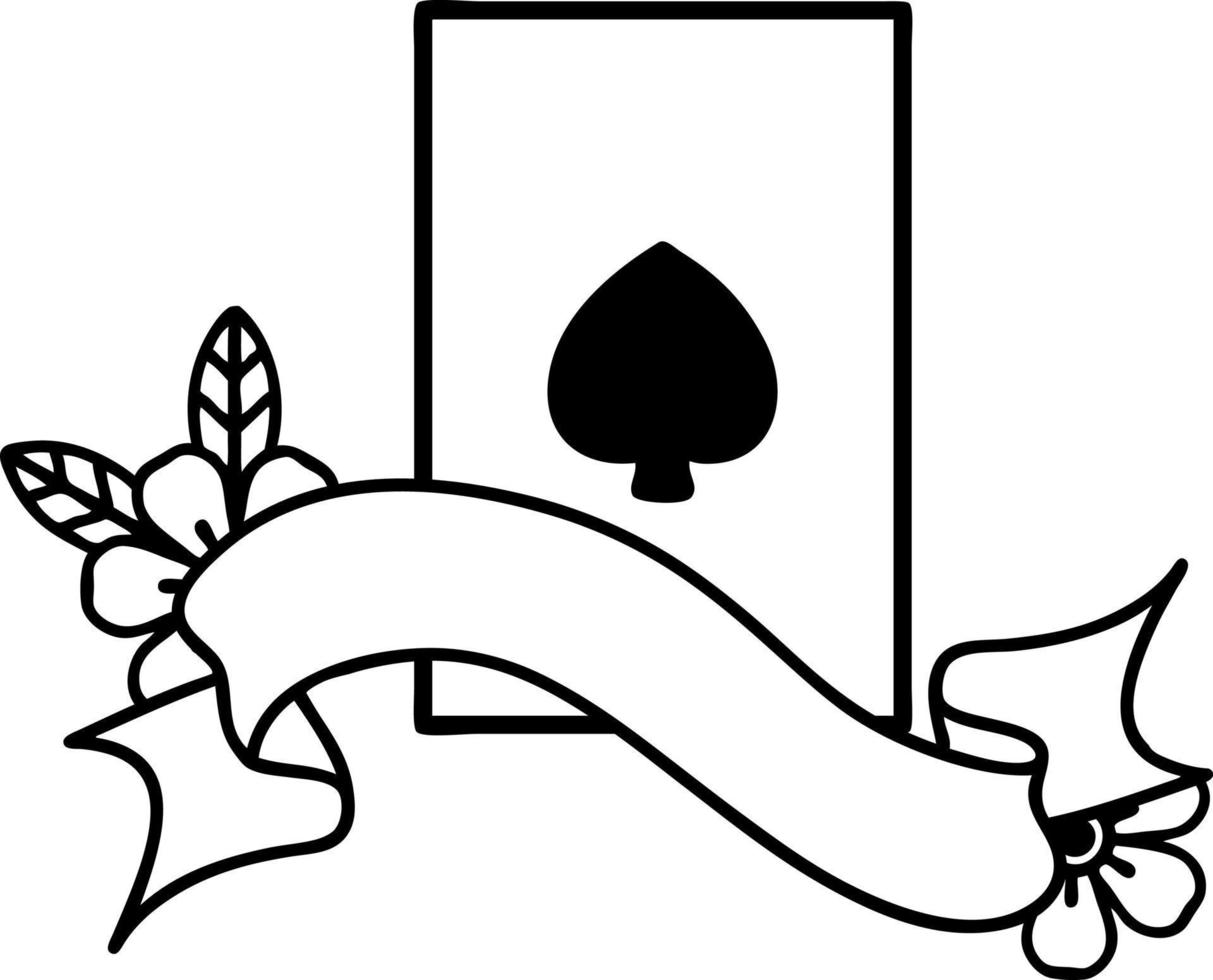 traditional black linework tattoo with banner of the ace of spades vector