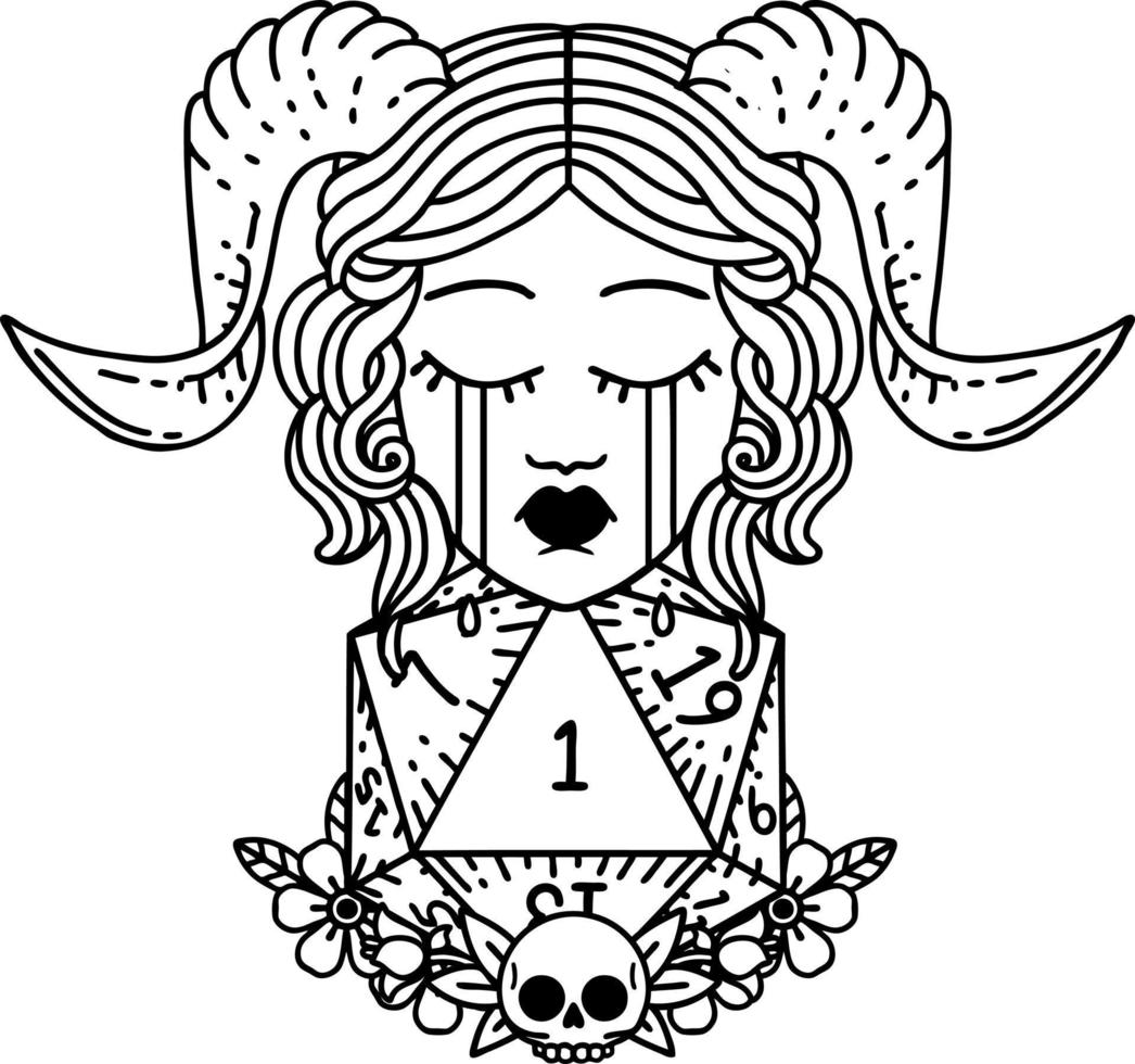 tatuaje en blanco y negro estilo de línea llorando tiefling con natural one d20 tirada de dados vector