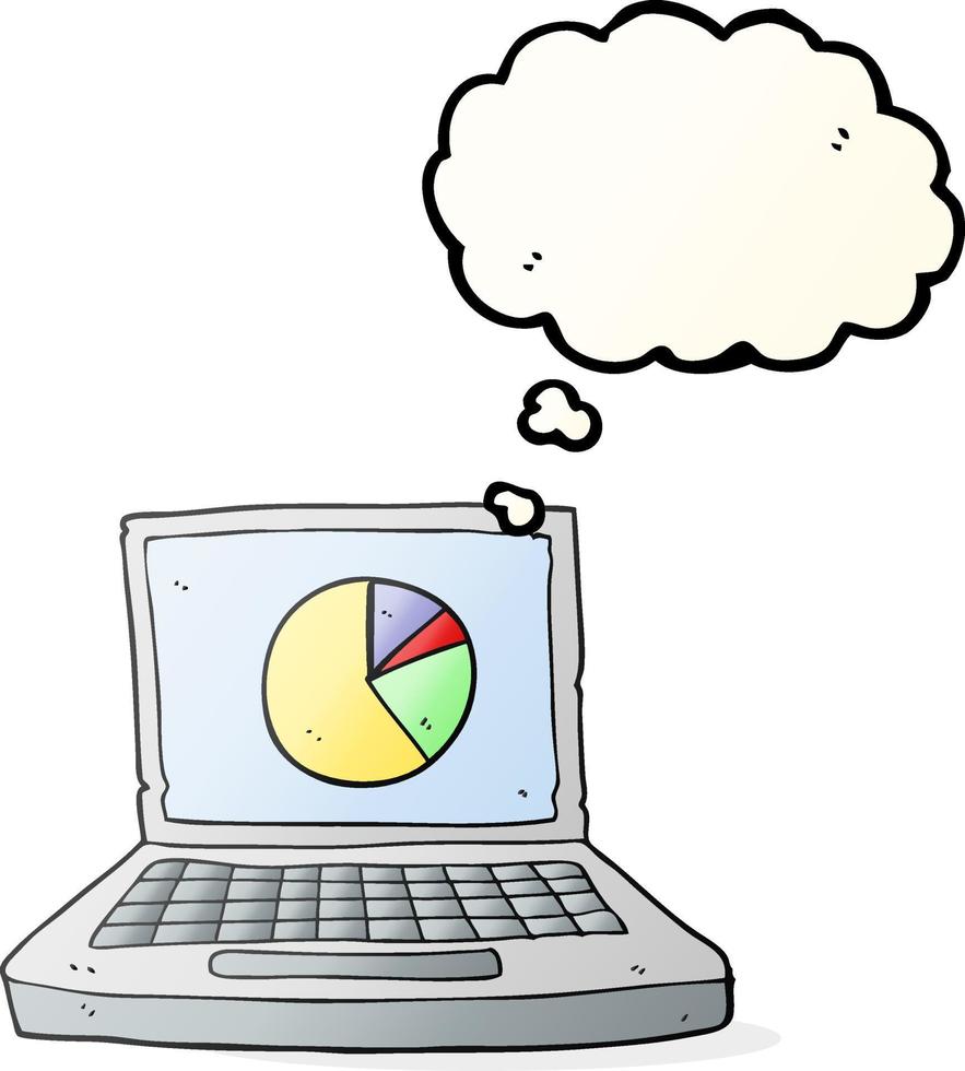 freehand drawn thought bubble cartoon laptop computer with pie chart vector