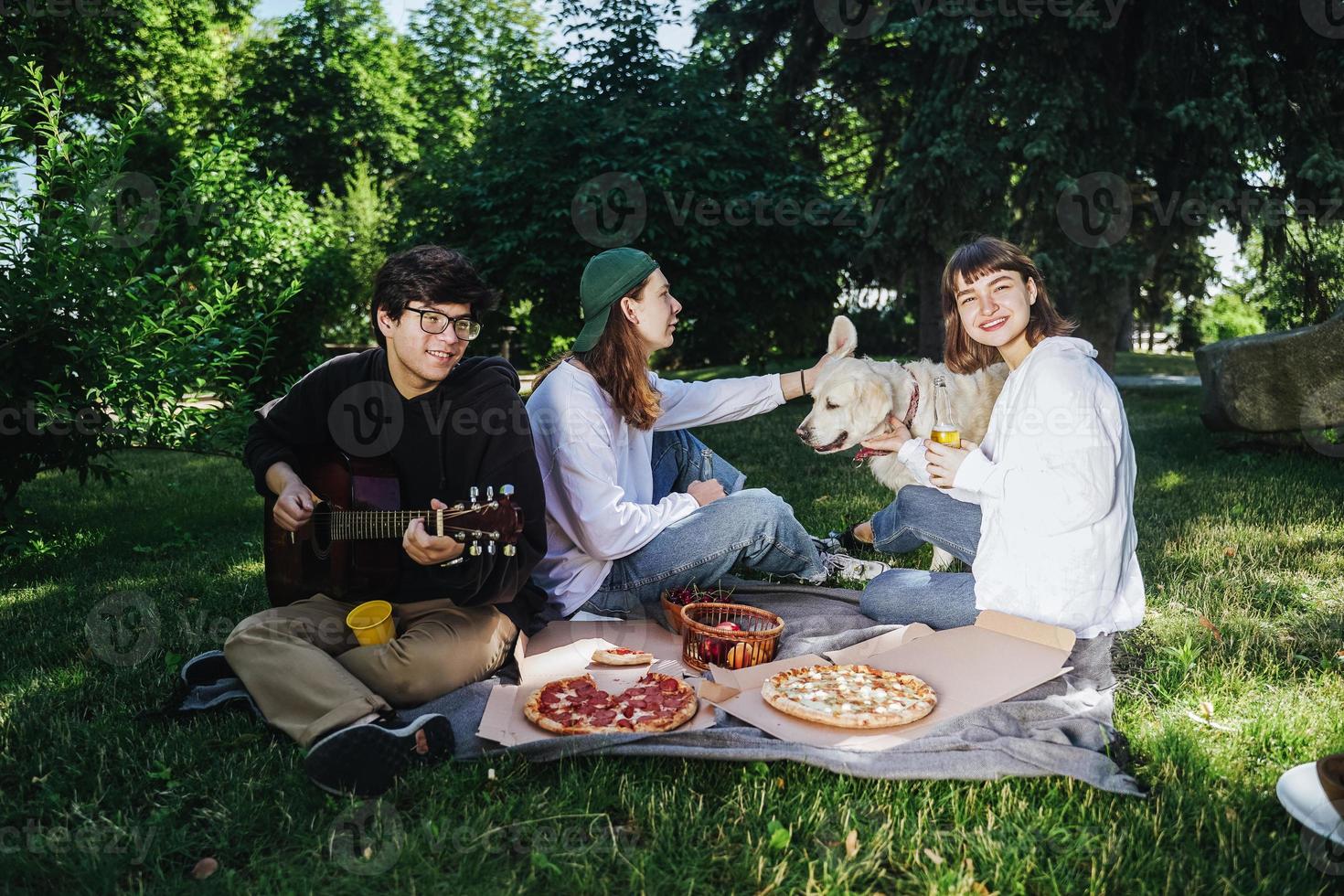 compañía de hermosos jóvenes y perros almorzando al aire libre. foto