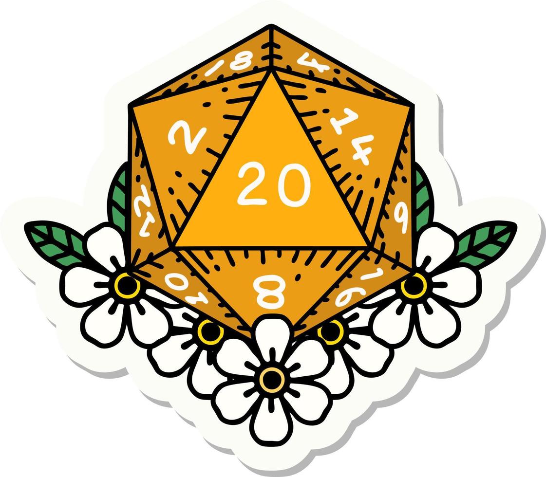 sticker of a natural 20 D20 dice roll with floral elements vector