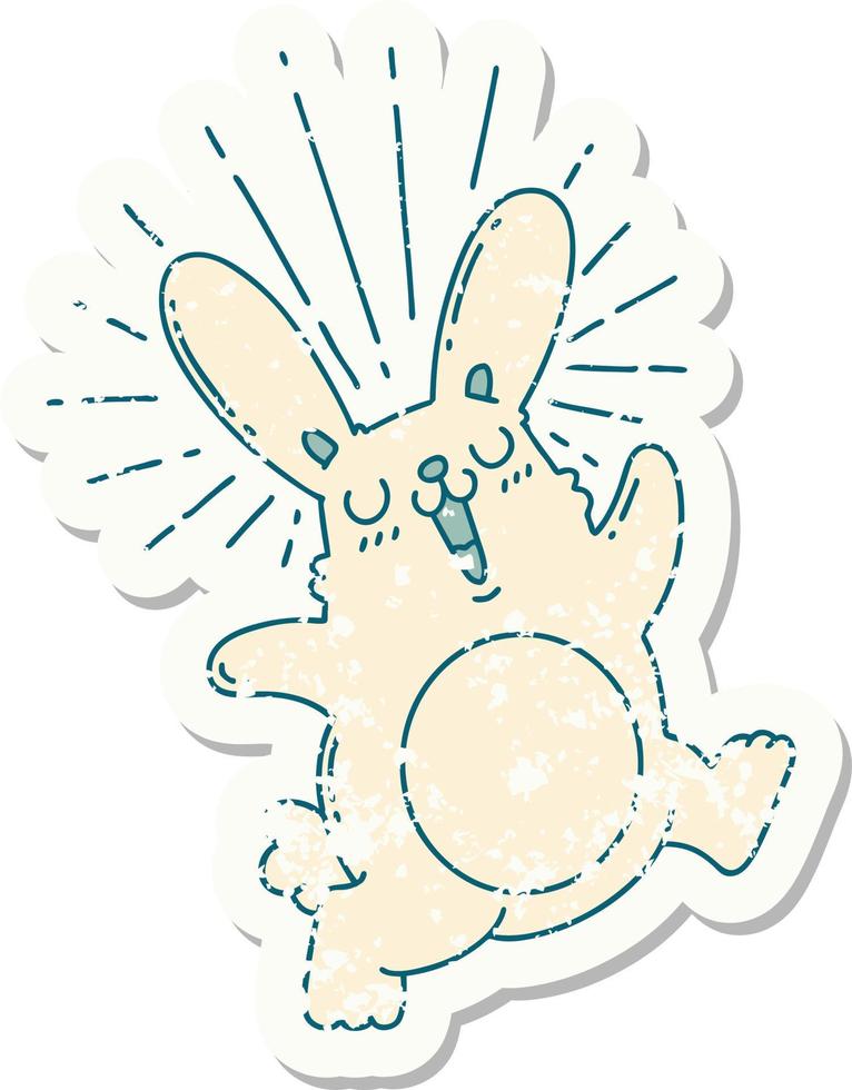 worn old sticker of a tattoo style prancing rabbit vector