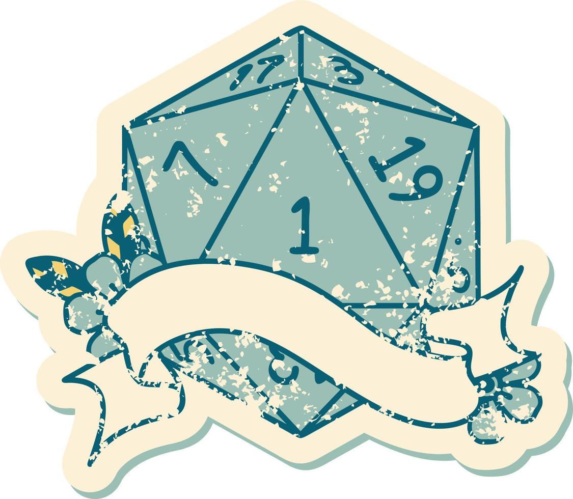 Retro Tattoo Style natural one d20 dice roll vector