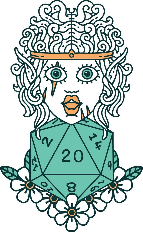 Retro Tattoo Style elf barbarian character with natural twenty dice roll vector