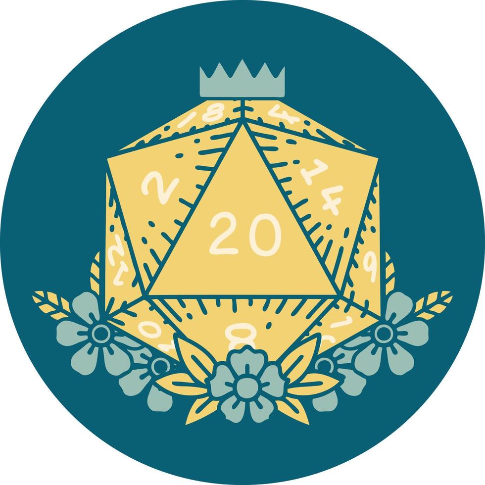 Retro Tattoo Style natural 20 D20 dice roll with floral elements vector