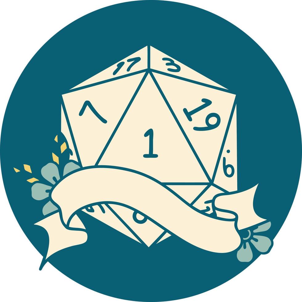 Retro Tattoo Style natural one d20 dice roll vector