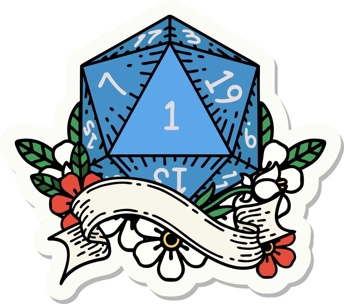 sticker of a natural one d20 dice roll vector